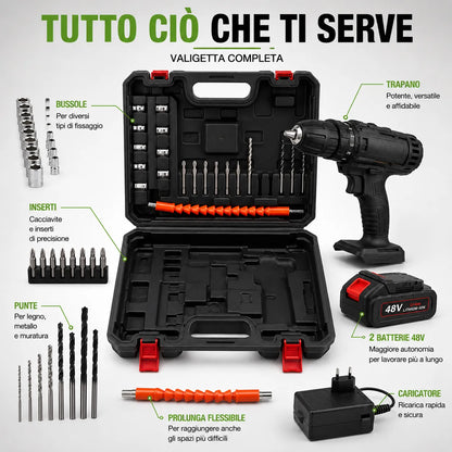 Trapano Avvitatore a Batteria 48V con Percussione – Kit Completo con 2 Batterie e Valigetta