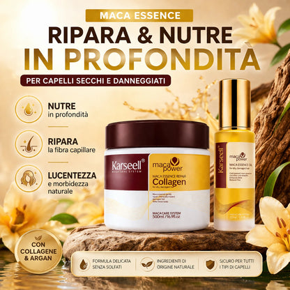 Karseell Maca Care System Set Riparazione Capelli Professionale – Maschera Collagene 500ml + Olio Argan 50ml – Nutriente Idratante Anticrespo Effetto Lucentezza per Capelli Secchi e Danneggiati