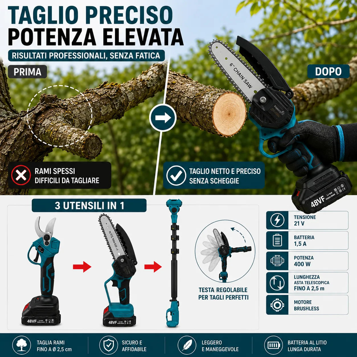 Kit Potatura a Batteria 3 in 1 con Asta Telescopica – Forbice Elettrica + Mini Motosega 6" + 2 Batterie e accessori