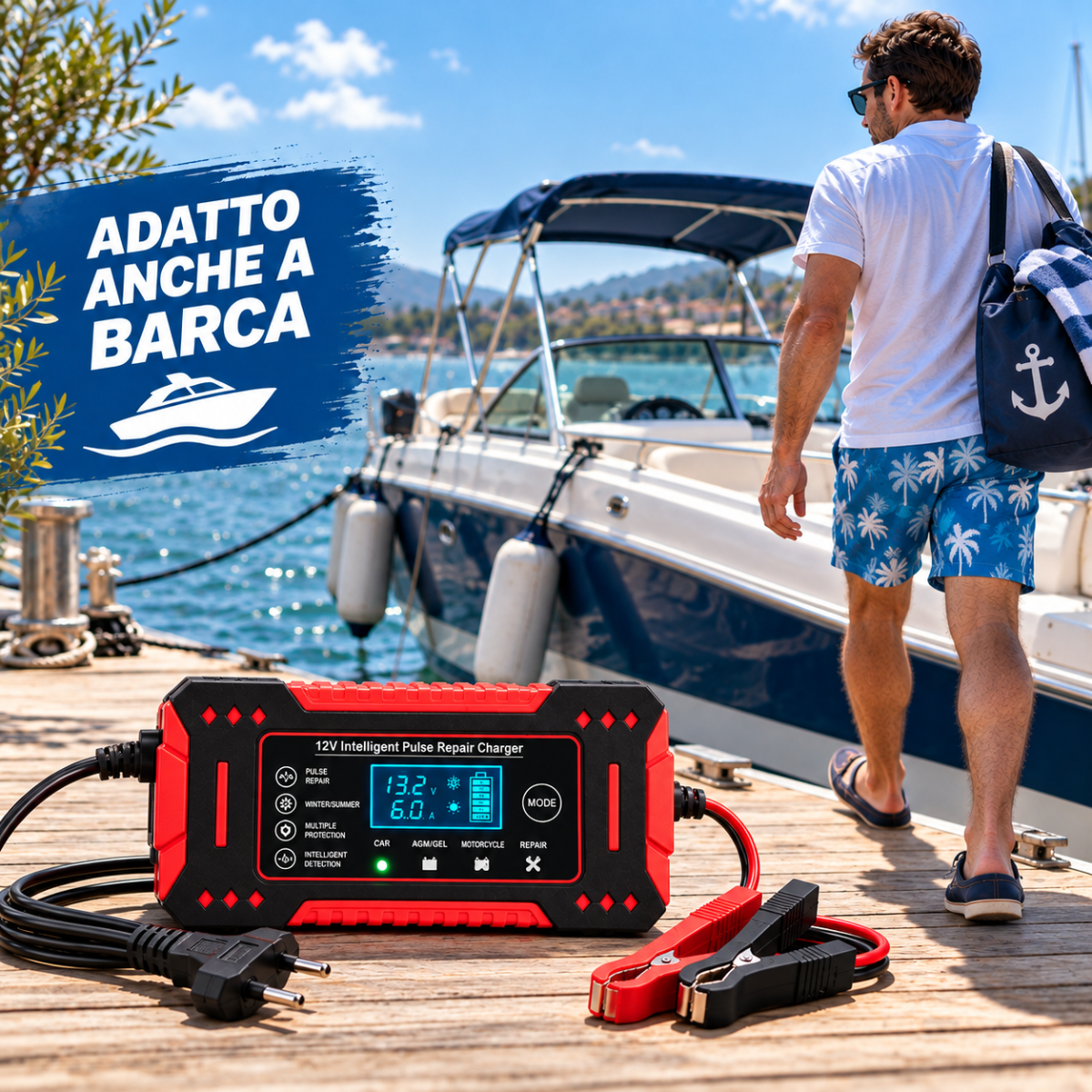 Caricabatterie Intelligente Auto e Moto 12V con Display Digitale LCD, Riparazione a Impulsi, Protezione Automatica e Morsetti – Nero e Rosso