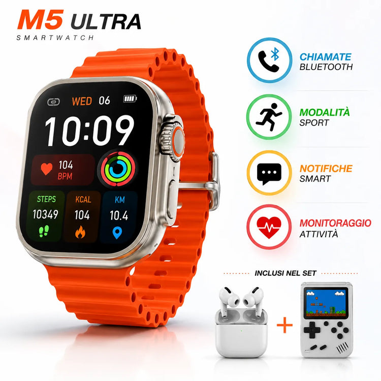 Kit 3 in 1 Smartwatch M5 Ultra + Auricolari Wireless TWS + Mini Console di Gioco Portatile