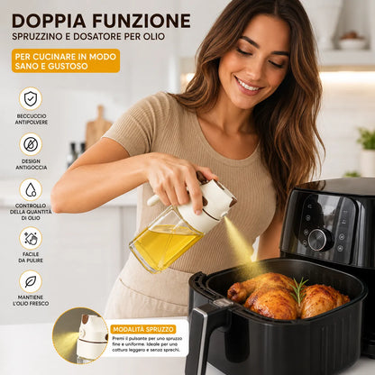 Spruzzatore Olio 2 in 1 500 ml in Vetro – Nebulizzatore e Dosatore per Cucina, Bottiglia per Olio d'Oliva, Aceto e Condimenti, Ideale per Friggitrice ad Aria, BBQ, Insalate e Cottura