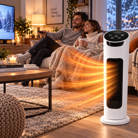 Termoventilatore Ceramico a Torre Rotante con Telecomando –  Stufa Elettrica Verticale PTC con Display Touch e Base