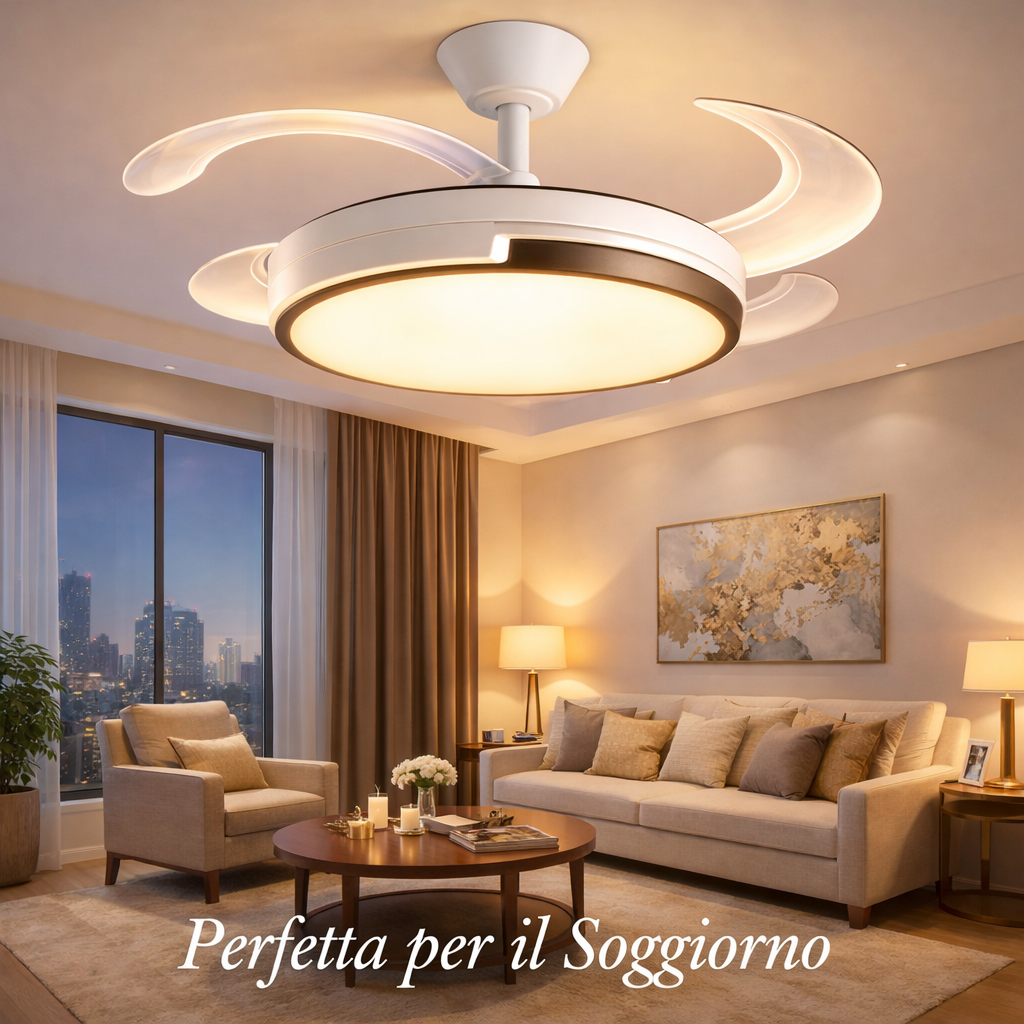 Ventilatore da Soffitto LED 120 cm con Telecomando – 6 Velocità Motore DC 72W, Pale Retrattili, Funzione Estate/Inverno, Silenzioso
