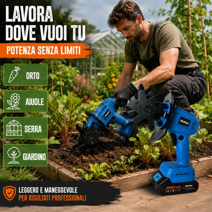 Motozappa Elettrica a Batteria 48VF – Coltivatore Portatile 550W per Orto e Giardino – 8 Lame in Acciaio – Batteria al Litio con Display – Sarchiatore Cordless Leggero