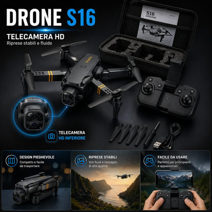 Drone S16 Pieghevole con Telecamera HD – Controllo Smartphone WiFi | Mini Drone 4K 1080p con Modalità Headless