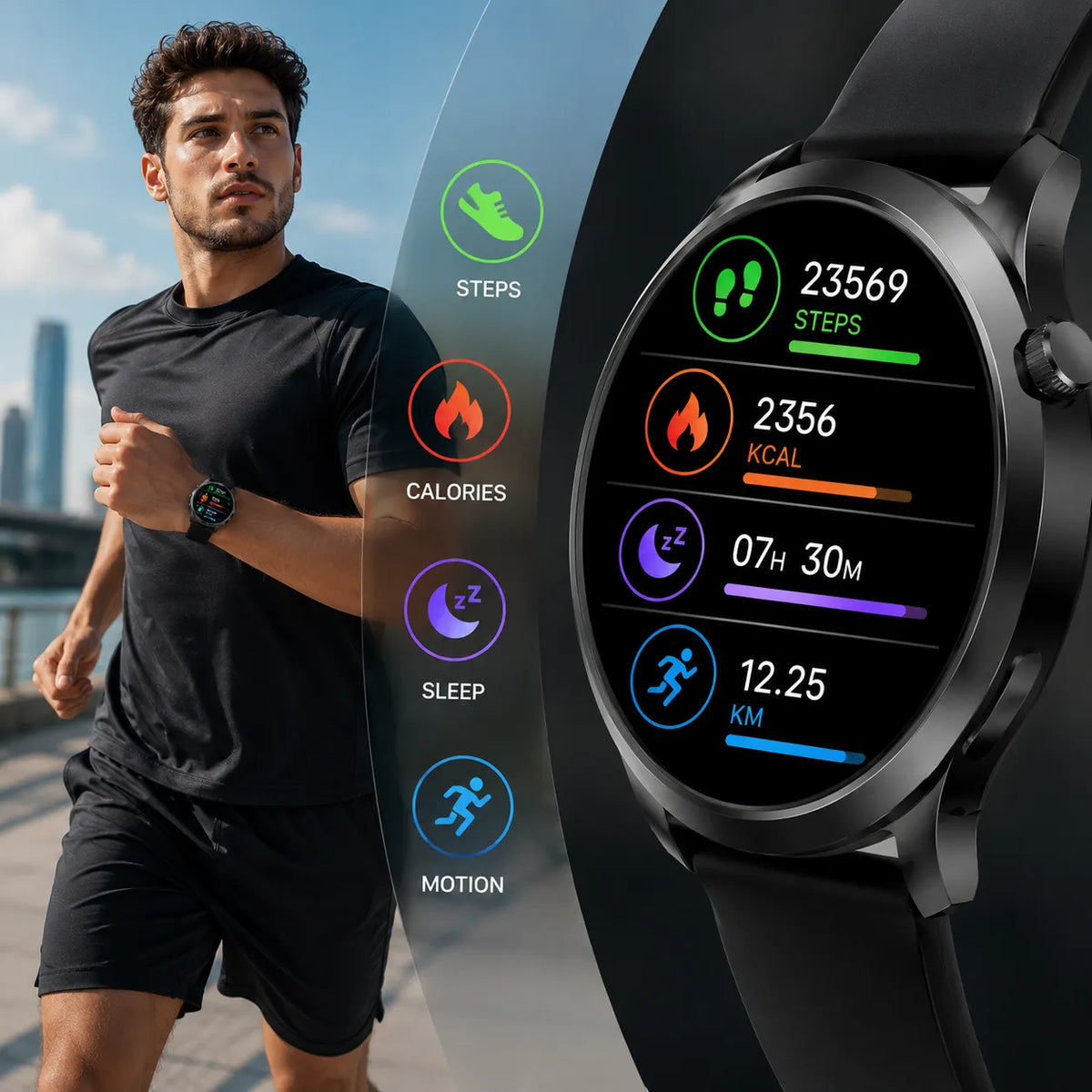 Smartwatch Uomo Bluetooth con Chiamate e Notifiche – Orologio Smart Display Rotondo, Contapassi, Calorie, Monitoraggio Sonno, Modalità Sport e Controllo Fotocamera – iOS Android