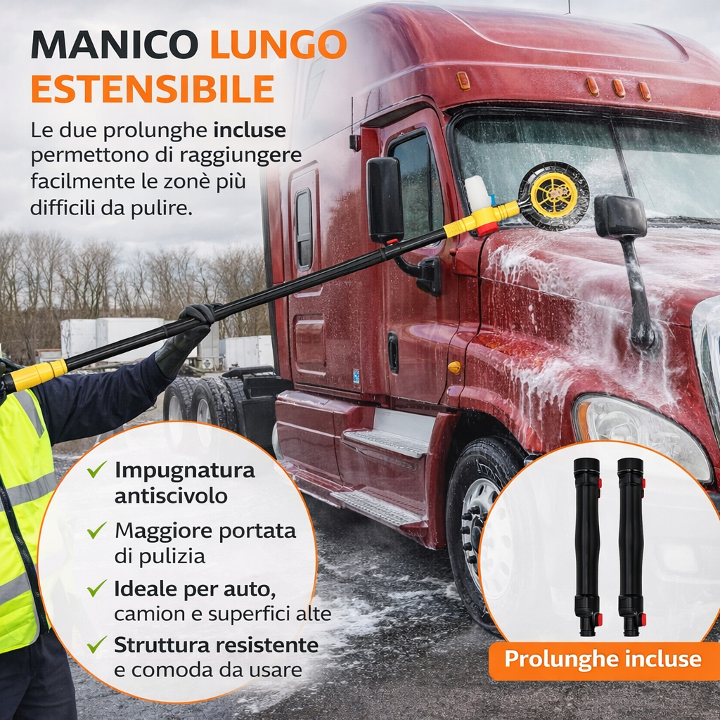Spazzola Rotante per Lavaggio Auto con Serbatoio di Schiuma, Kit Pulizia Retrattile per Auto, Camion e Camper