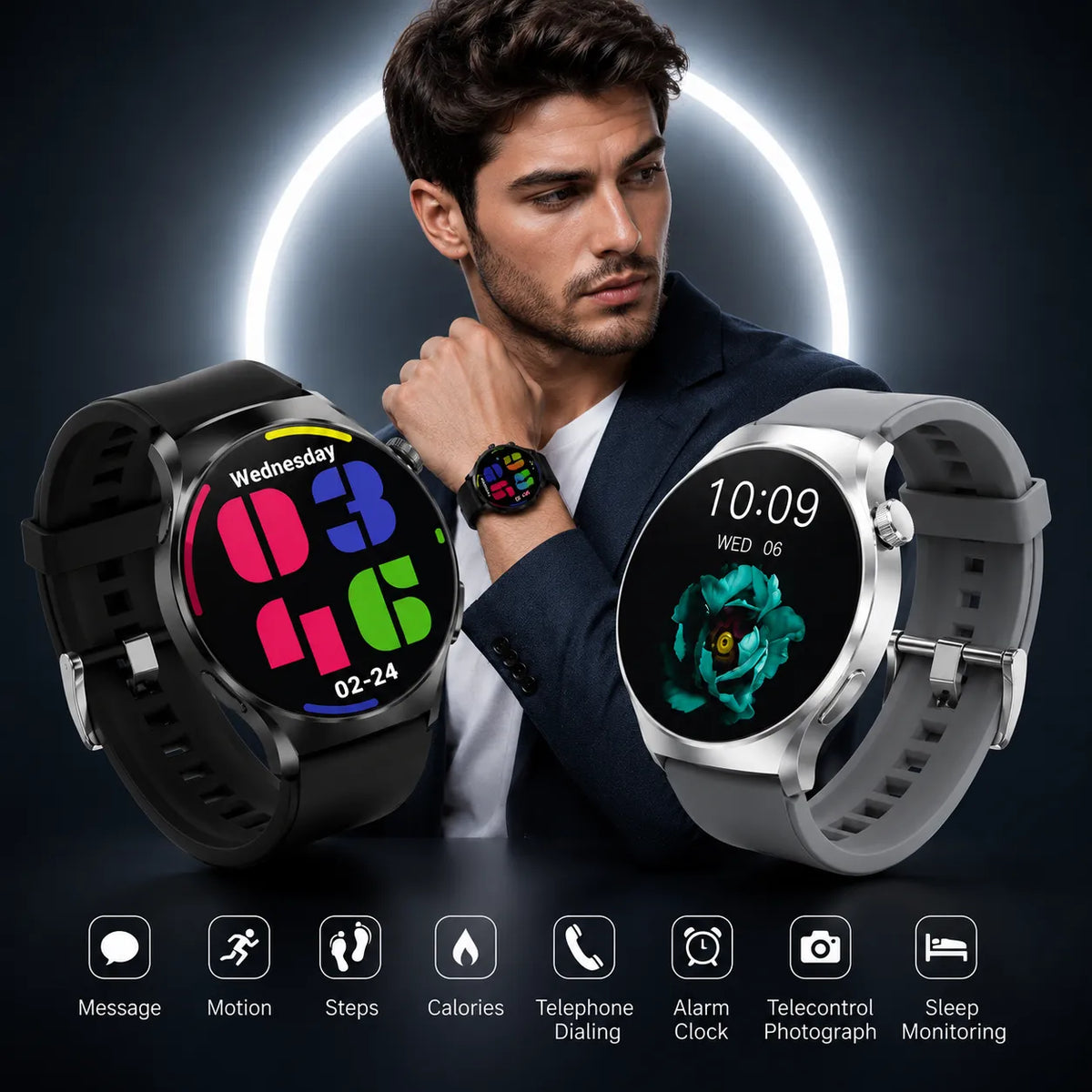 Smartwatch Uomo Bluetooth con Chiamate e Notifiche – Orologio Smart Display Rotondo, Contapassi, Calorie, Monitoraggio Sonno, Modalità Sport e Controllo Fotocamera – iOS Android