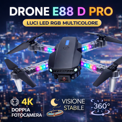 Drone pieghevole E88 D Pro con app e doppia fotocamera HD, luci LED, controllo remoto e mantenimento altezza