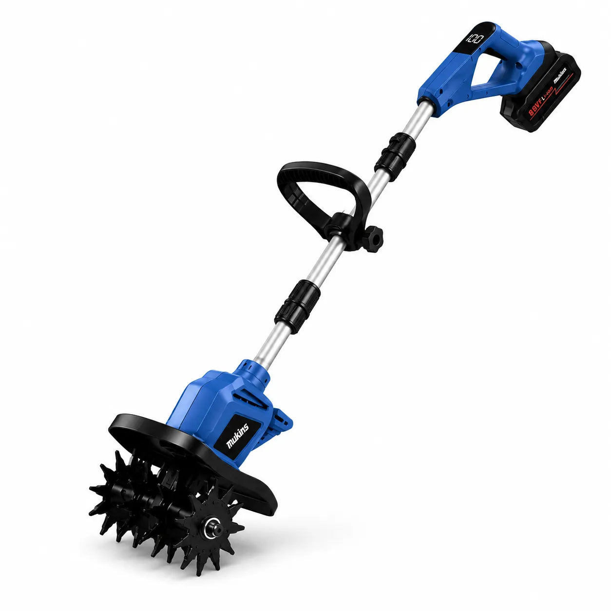 Motozappa Coltivatore Elettrico a Batteria 88VF Mukins NL-3576 550W con Asta Telescopica Regolabile, Pieghevole, Display Batteria | Coltivatore per Orto, Giardino, Aiuole e Serra | Larghezza 30 cm