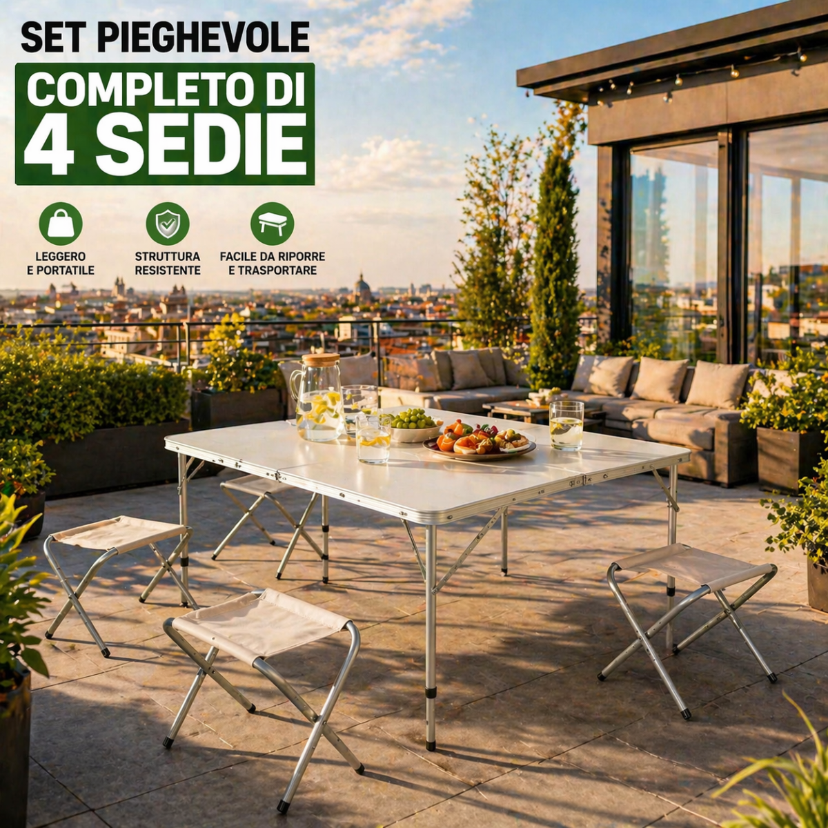 Tavolo Pieghevole con 4 Sedie – Set Campeggio Portatile Salvaspazio | Tavolino Richiudibile a Valigetta per Picnic, Giardino e Viaggi