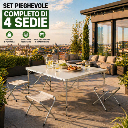 Tavolo Pieghevole con 4 Sedie – Set Campeggio Portatile Salvaspazio | Tavolino Richiudibile a Valigetta per Picnic, Giardino e Viaggi