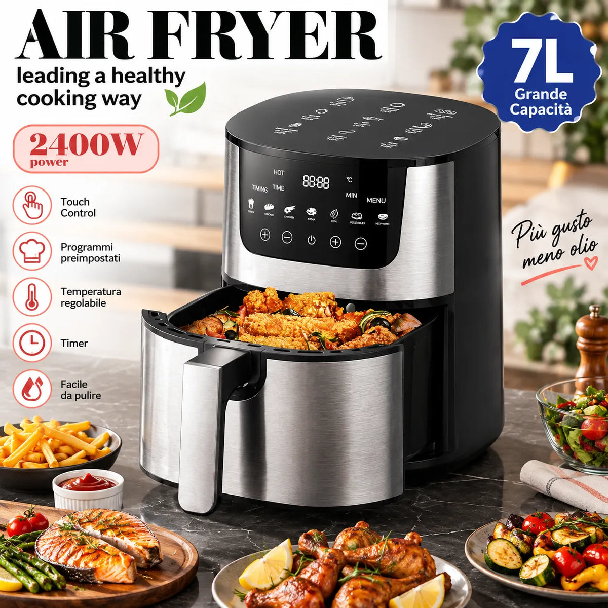 Friggitrice ad Aria Digitale 7L 2400W con Finestra – Air Fryer XXL con Display Touch, Cestello Estraibile, Timer e Temperatura Regolabile