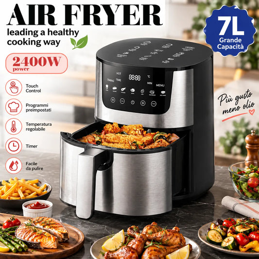 Friggitrice ad Aria Digitale 7L 2400W con Finestra – Air Fryer XXL con Display Touch, Cestello Estraibile, Timer e Temperatura Regolabile