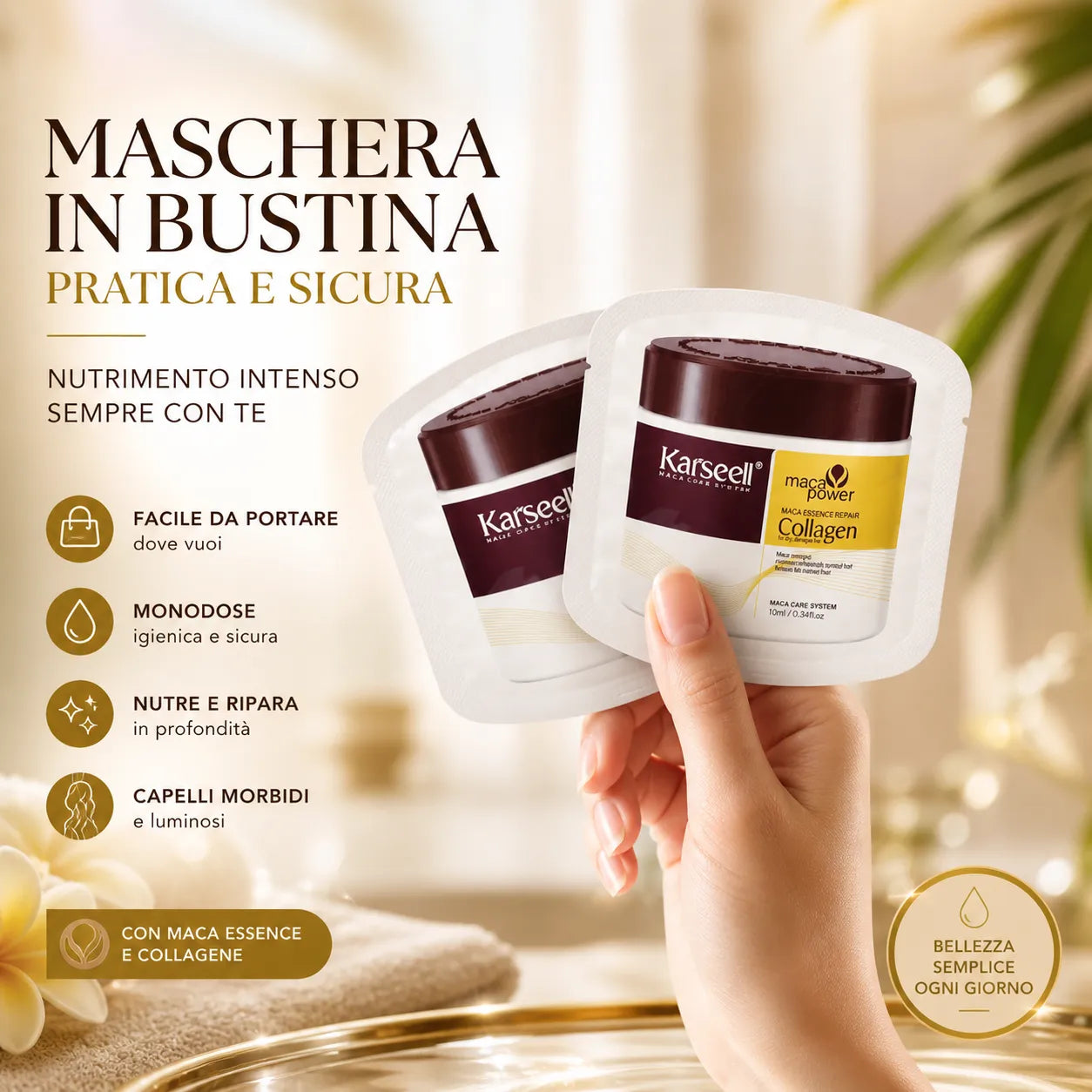 Karseell Maschera Capelli al Collagene 10ml x 24 Pezzi – Trattamento Nutriente con Olio di Argan e Maca – Idratante Riparatore per Capelli Secchi, Danneggiati e Trattati