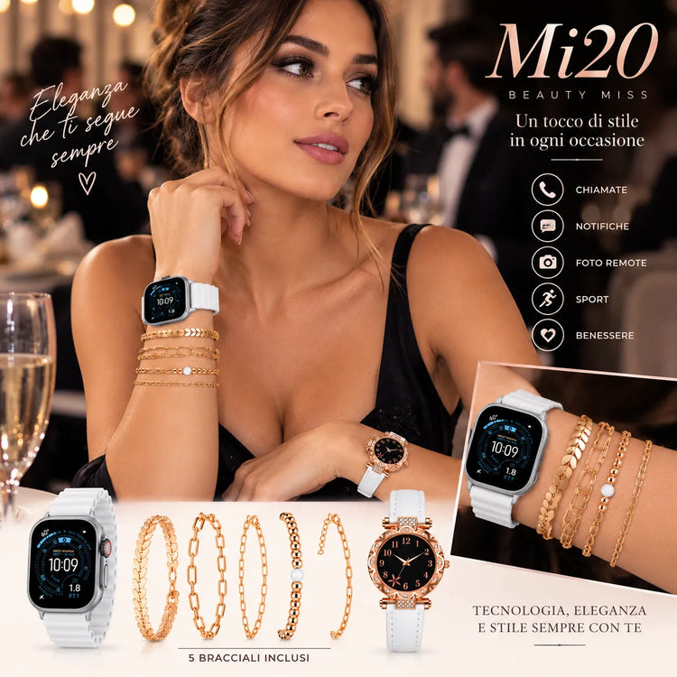 Mi20 Beauty Miss Smartwatch Donna con Chiamate Bluetooth + Orologio Analogico e Set 5 Bracciali – Kit Regalo Elegante