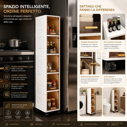 Mobile Salvaspazio Verticale con 5 Ripiani e Ruote – Armadio Slim Multiuso 20x30x138,5 cm – Organizer per Bagno, Cucina, Camera e Lavanderia – Apertura a Ribalta – Colore Bianco