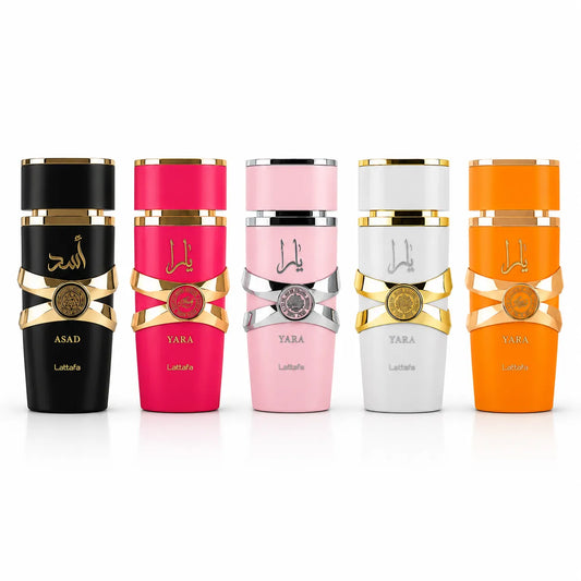 Set Profumi Lattafa Yara Collection 5 x 30 ml – Asad, Yara Pink, Yara Rosa, Yara White e Yara Orange – Eau de Parfum Unisex e Donna