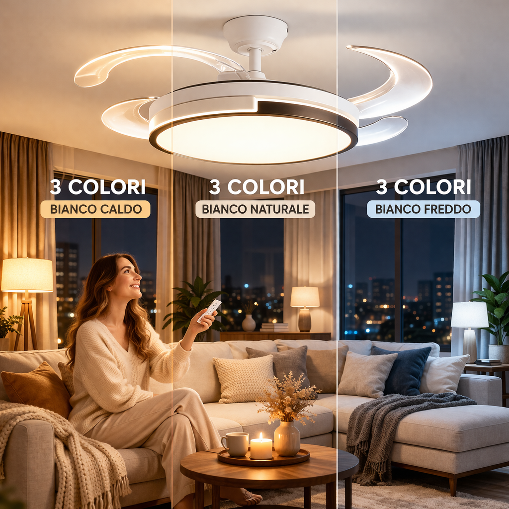 Ventilatore da Soffitto LED 120 cm con Telecomando – 6 Velocità Motore DC 72W, Pale Retrattili, Funzione Estate/Inverno, Silenzioso