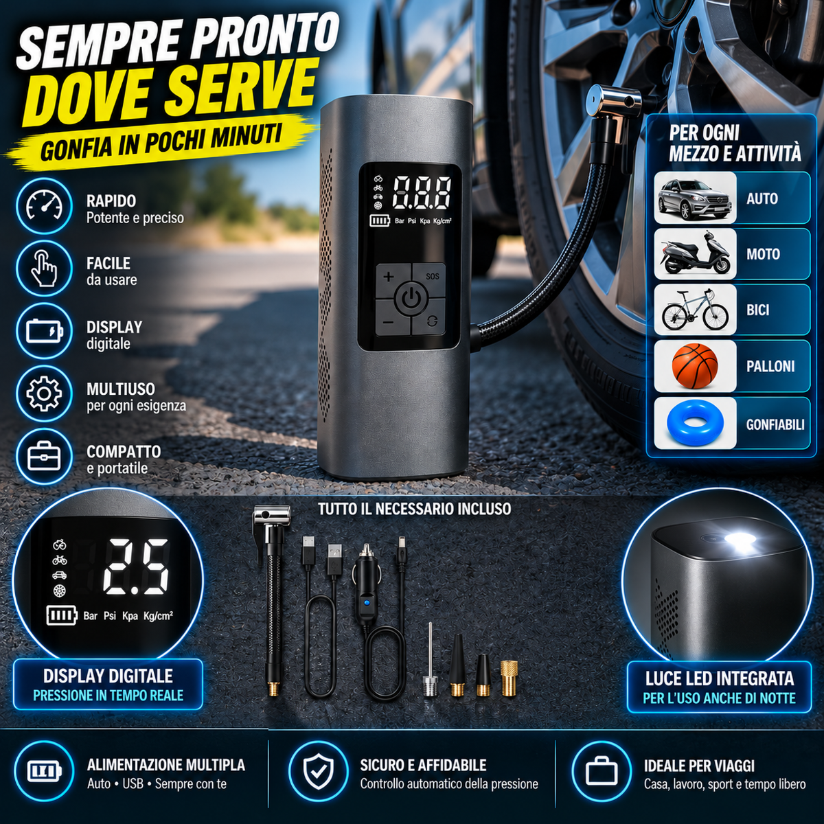 Mini Compressore Aria Portatile Elettrico Digitale con Display LCD, Gonfiatore per Pneumatici Auto, Moto, Bici e Palloni – Pompa con Batteria Ricaricabile, Funzione SOS e Accessori Inclusi