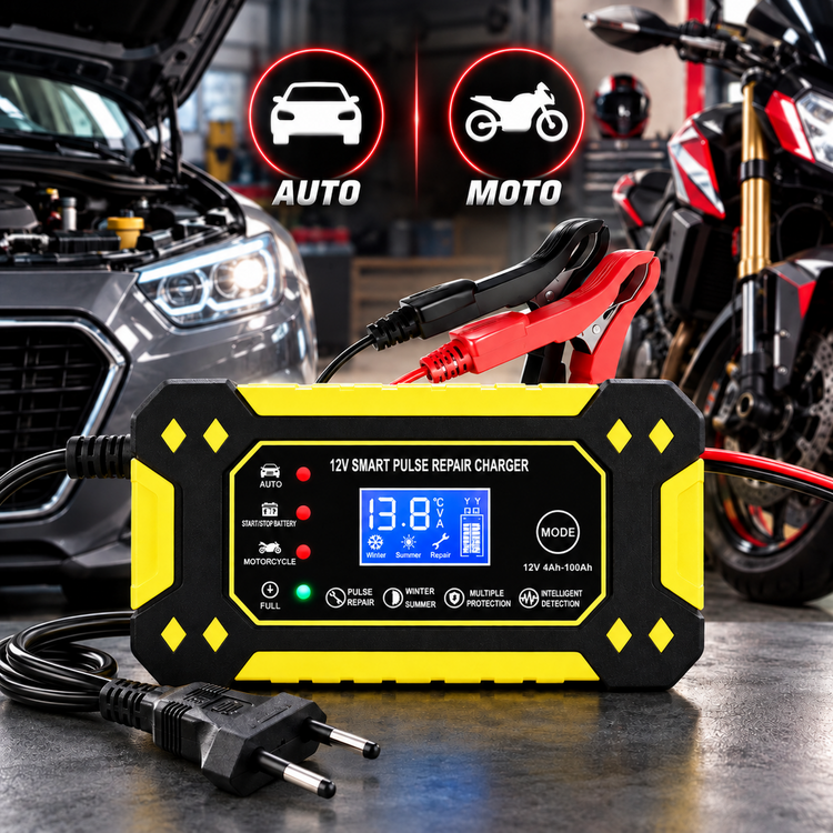 Caricabatterie Intelligente Auto e Moto 12V 6A con Display LCD, Riparazione a Impulsi, Protezione Automatica e Morsetti – Modello Q-DP1520