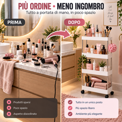 DAFAGI Carrello Portaoggetti Salvaspazio a 4 Ripiani con Ruote – Organizer Stretto Multiuso per Bagno, Cucina e Lavanderia