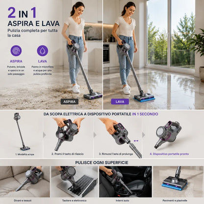 Aspirapolvere Senza Fili 2-in-1 con Funzione Lavaggio/Mop, Portatile e Verticale