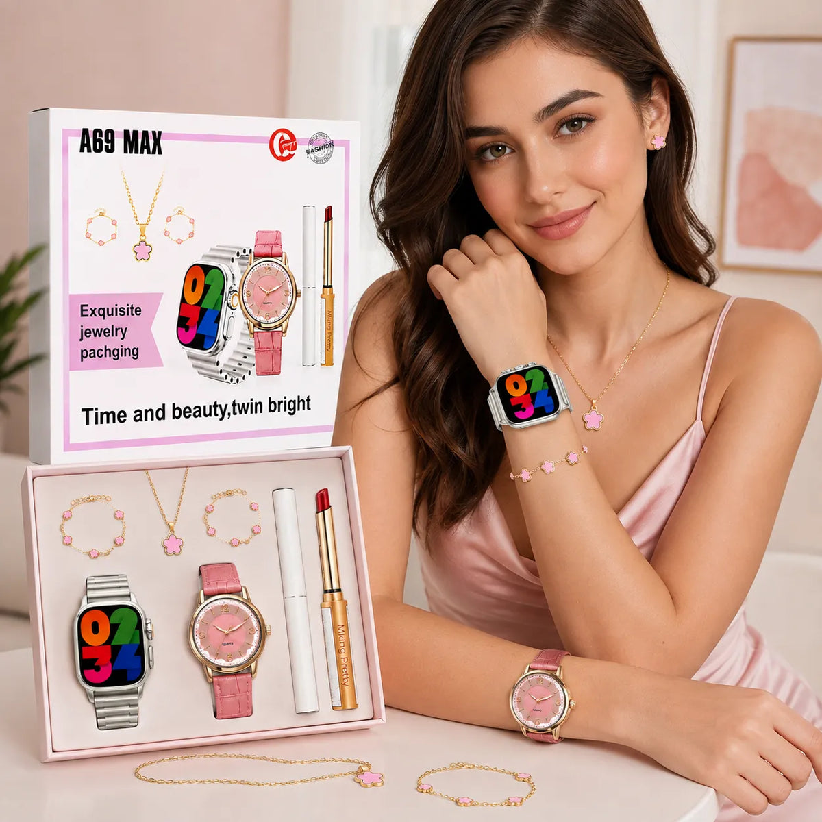 A69 MAX Smartwatch Donna Set Regalo Completo con Orologio Analogico, Gioielli, Cinturini e Accessori Beauty – Chiamate Bluetooth e Monitoraggio Attività
