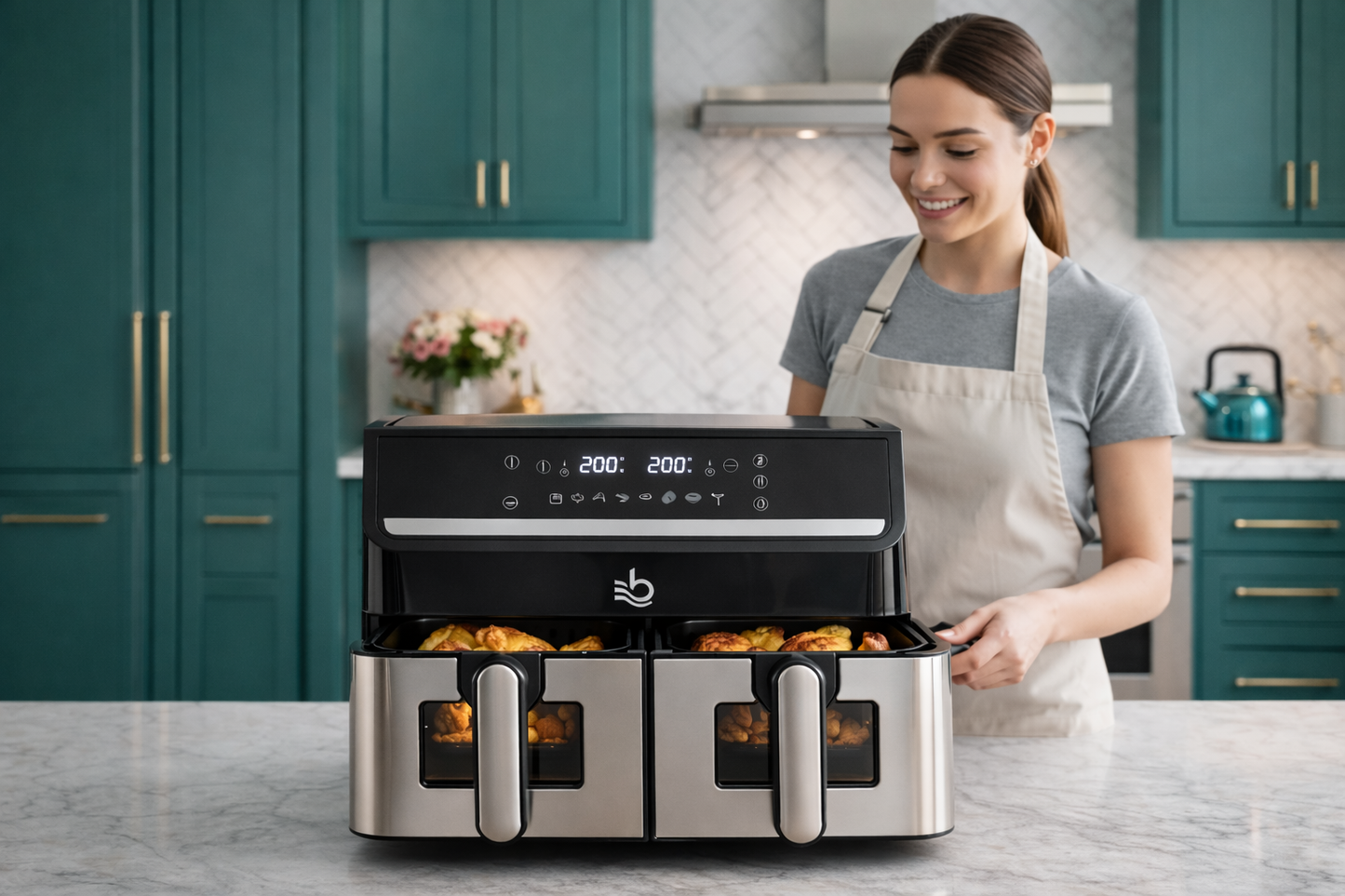 Friggitrice ad Aria 2000W Doppio Cestello 15L (7,5L + 7,5L) – Air Fryer XXXL a Doppia Zona con Controllo Indipendente