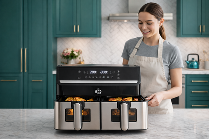 Friggitrice ad Aria 2000W Doppio Cestello 15L (7,5L + 7,5L) – Air Fryer XXXL a Doppia Zona con Controllo Indipendente