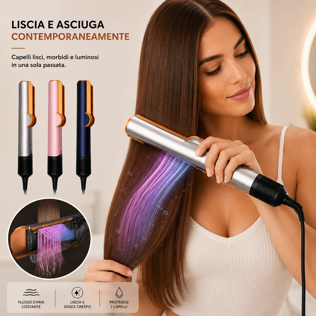 Silk One Piastra Asciuga e Liscia Capelli 2 in 1 ad Aria – Asciugacapelli e Piastra Lisciante – Capelli Asciutti e Lisci in un Solo Passaggio – Controllo Intelligente della Temperatura