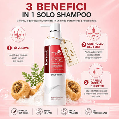 Karseell MACA CARE SYSTEM Shampoo Volumizzante 200 ml con Olio di Argan e Pantenolo – Volume e Corpo per Capelli Fini e Piatti – Detersione Delicata – Capelli Morbidi, Leggeri e Luminosi