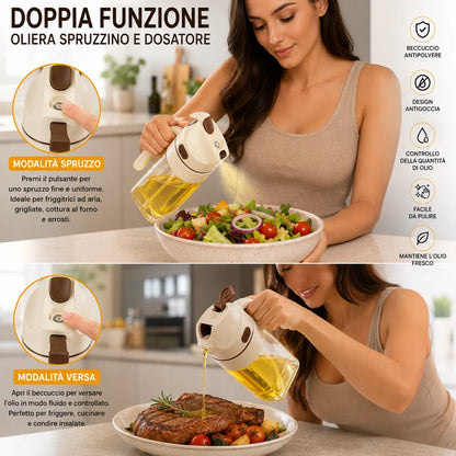 Spruzzatore Olio 2 in 1 500 ml in Vetro – Nebulizzatore e Dosatore per Cucina, Bottiglia per Olio d'Oliva, Aceto e Condimenti, Ideale per Friggitrice ad Aria, BBQ, Insalate e Cottura