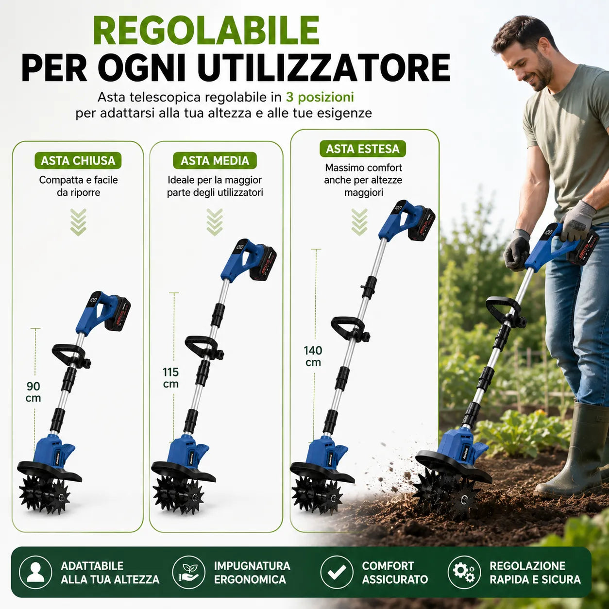 Motozappa Coltivatore Elettrico a Batteria 88VF Mukins NL-3576 550W con Asta Telescopica Regolabile, Pieghevole, Display Batteria | Coltivatore per Orto, Giardino, Aiuole e Serra | Larghezza 30 cm