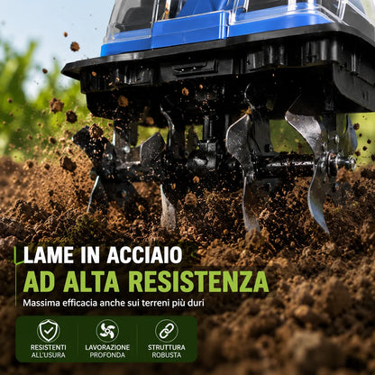 Motozappa Elettrica a Batteria Mukins NL-3579 88VF 550W con 2 Batterie al Litio, Coltivatore da Giardino Cordless, Larghezza Lavoro 30 cm, Profondità 20 cm, Manubrio Regolabile, 18000 giri/min