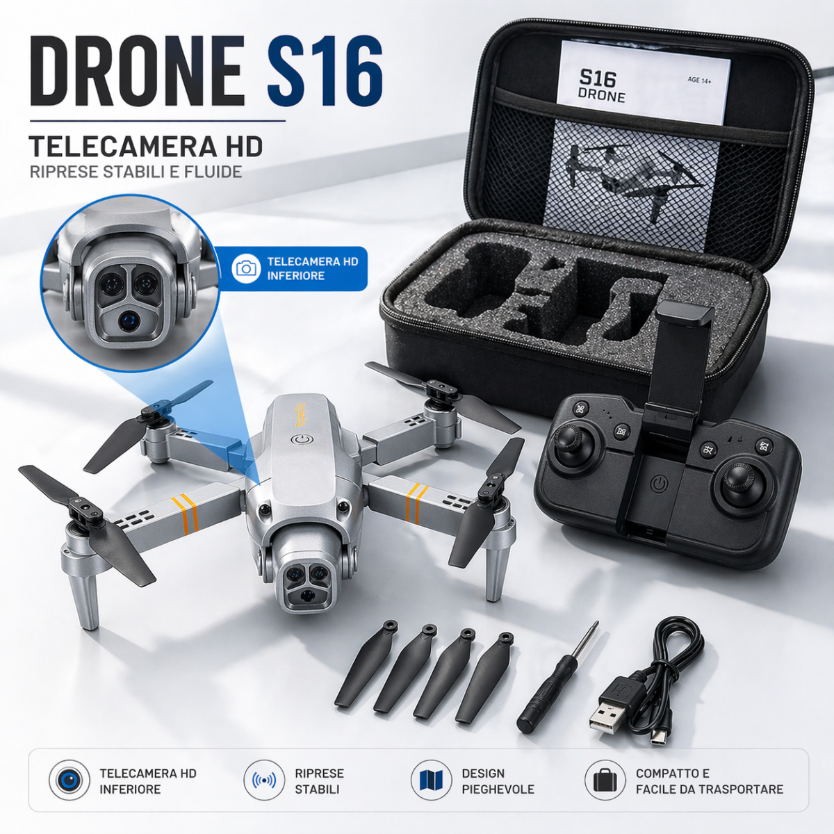 Drone S16 Pieghevole con Telecamera HD – Controllo Smartphone WiFi | Mini Drone 4K 1080p con Modalità Headless