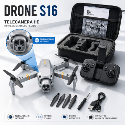 Drone S16 Pieghevole con Telecamera HD – Controllo Smartphone WiFi | Mini Drone 4K 1080p con Modalità Headless