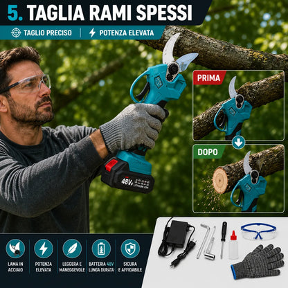 Kit Potatura a Batteria 3 in 1 con Asta Telescopica – Forbice Elettrica + Mini Motosega 6" + 2 Batterie e accessori