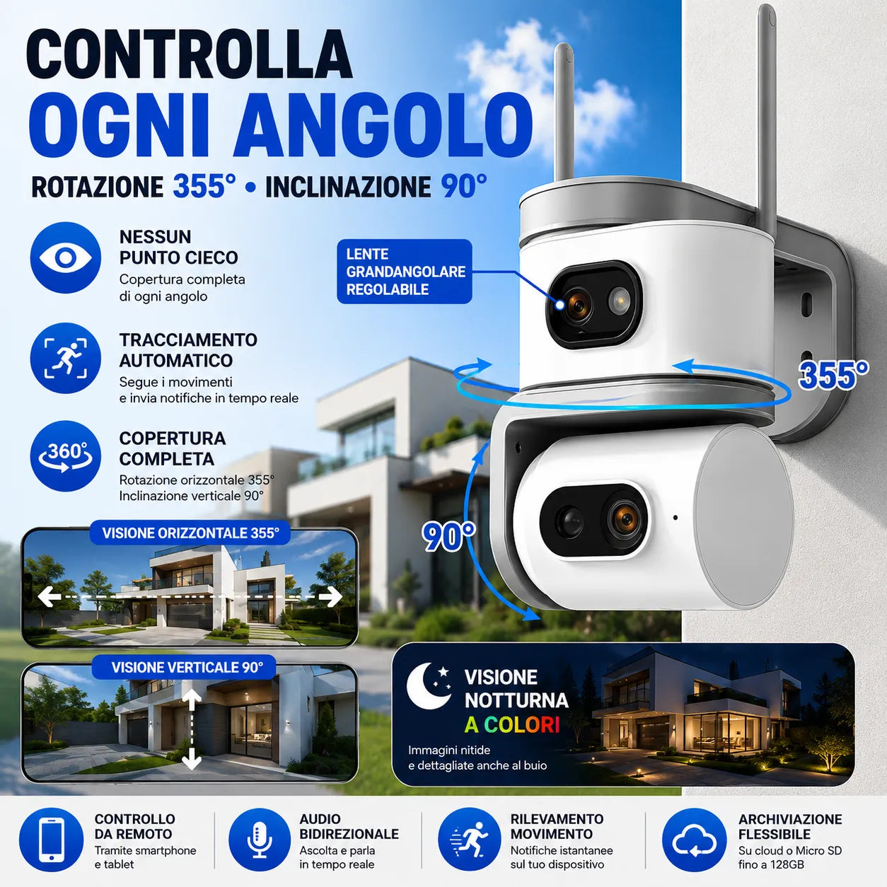 Telecamera WiFi Esterno 6MP Doppia Lente PTZ 355° Auto Tracking AI Visione Notturna a Colori Audio Bidirezionale IP67