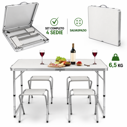 Tavolo Pieghevole con 4 Sedie – Set Campeggio Portatile Salvaspazio | Tavolino Richiudibile a Valigetta per Picnic, Giardino e Viaggi