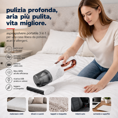 Aspirapolvere portatile 3 in 1 senza fili aspira acari potente con filtro HEPA multisuperficie USB