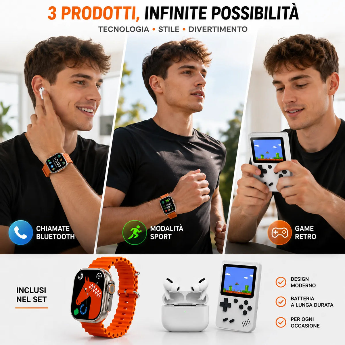 Kit 3 in 1 Smartwatch M5 Ultra + Auricolari Wireless TWS + Mini Console di Gioco Portatile