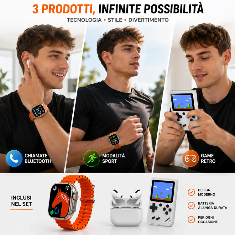 Kit 3 in 1 Smartwatch M5 Ultra + Auricolari Wireless TWS + Mini Console di Gioco Portatile