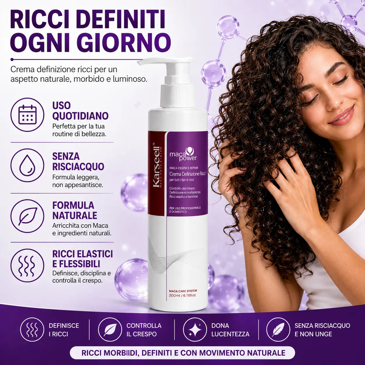 Karseell Maca Power Curling Perfection Defining Cream 200ml – Crema Definizione Ricci Anti Crespo con Maca, Cheratina e Olio di Argan