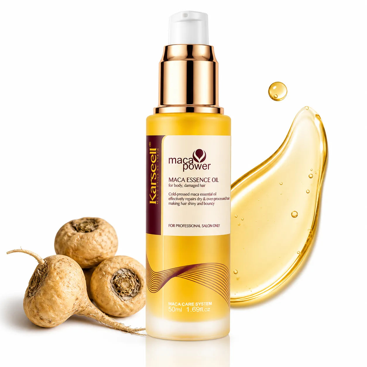 Karseell Maca Care System Siero Capelli 50ml con Olio di Argan – Idratazione Profonda, Riparazione Capelli Danneggiati, Anticrespo, Lucentezza Effetto Specchio, Senza Solfati