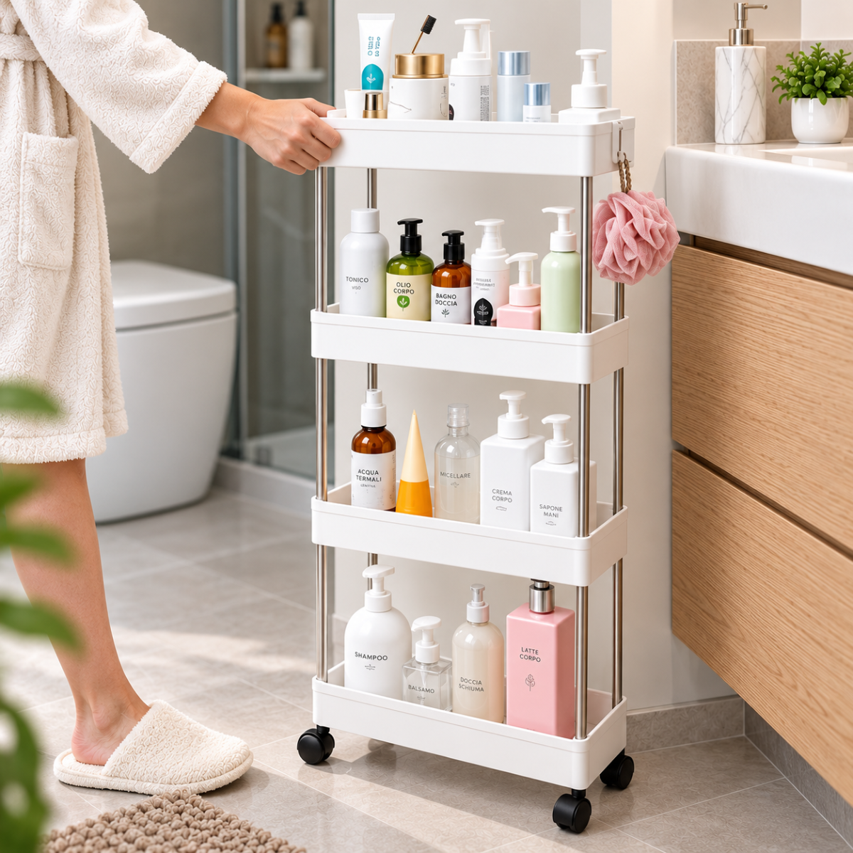 DAFAGI Carrello Portaoggetti Salvaspazio a 4 Ripiani con Ruote – Organizer Stretto Multiuso per Bagno, Cucina e Lavanderia