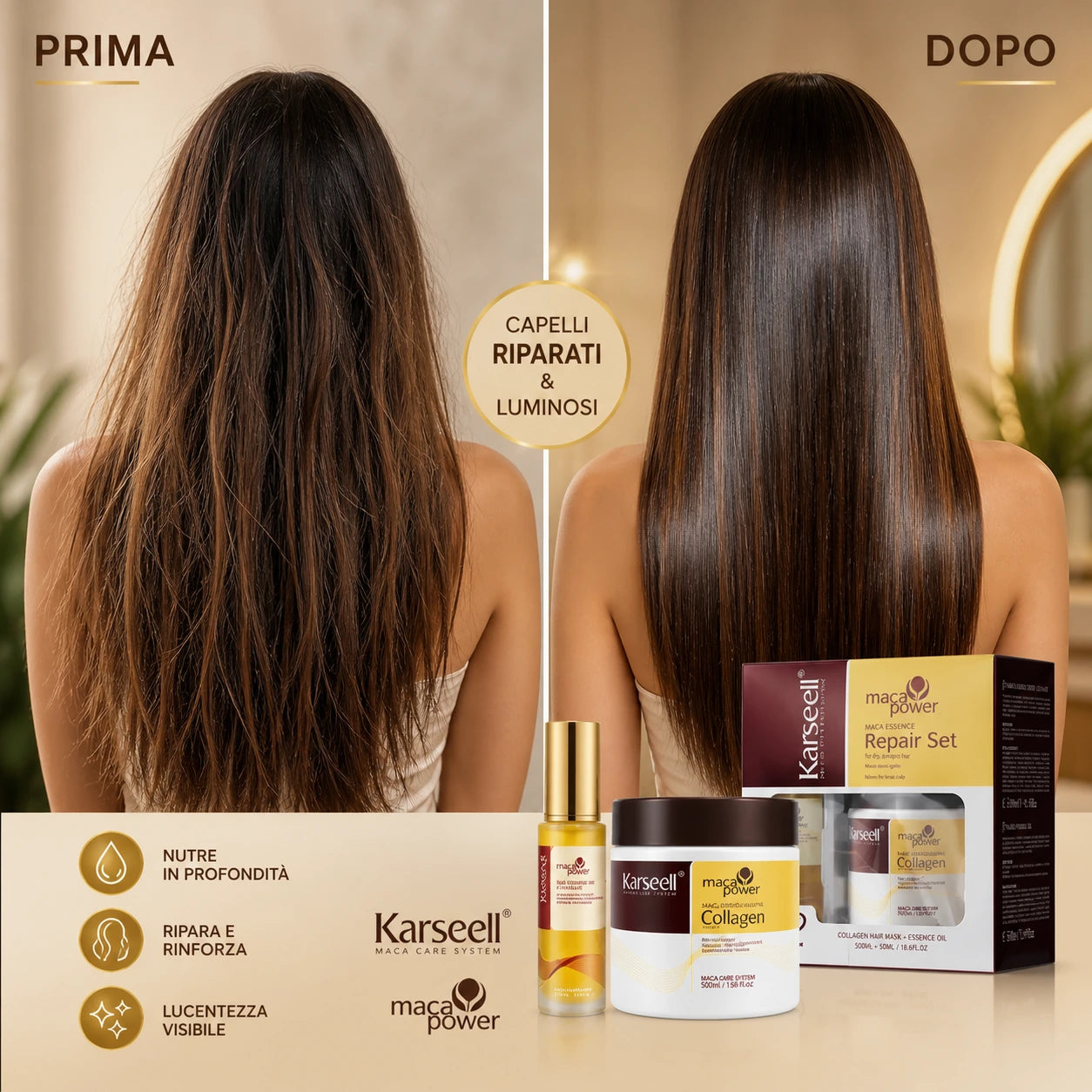 Karseell Maca Care System Set Riparazione Capelli Professionale – Maschera Collagene 500ml + Olio Argan 50ml – Nutriente Idratante Anticrespo Effetto Lucentezza per Capelli Secchi e Danneggiati