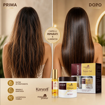 Karseell Maca Care System Set Riparazione Capelli Professionale – Maschera Collagene 500ml + Olio Argan 50ml – Nutriente Idratante Anticrespo Effetto Lucentezza per Capelli Secchi e Danneggiati