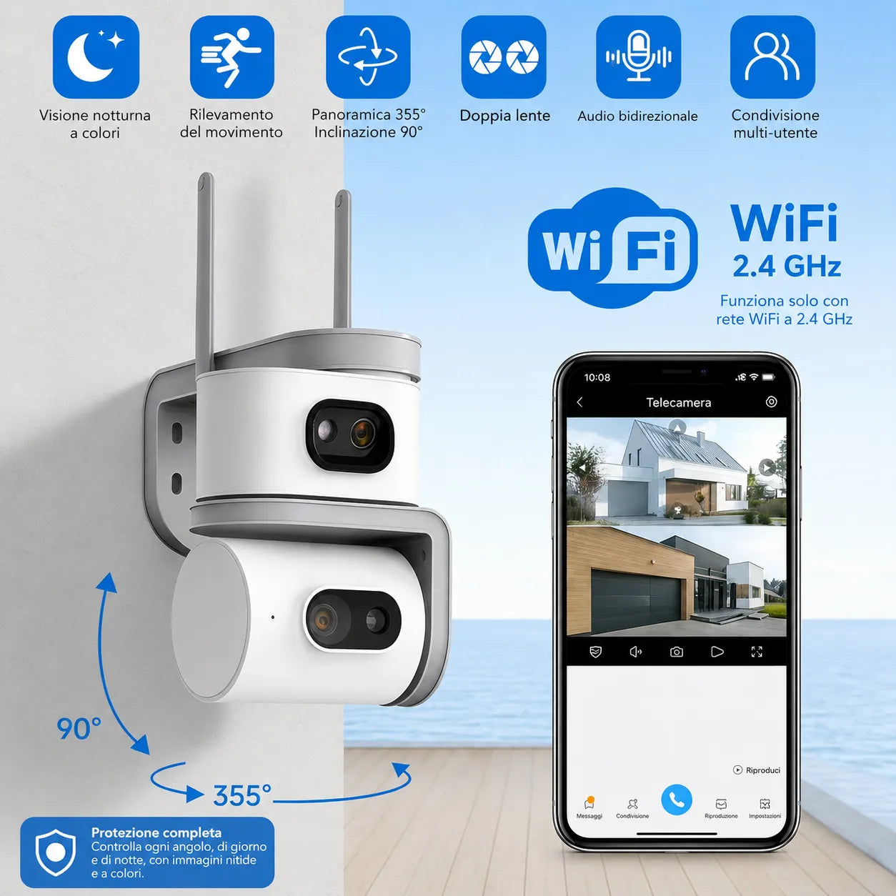 Telecamera WiFi Esterno 6MP Doppia Lente PTZ 355° Auto Tracking AI Visione Notturna a Colori Audio Bidirezionale IP67